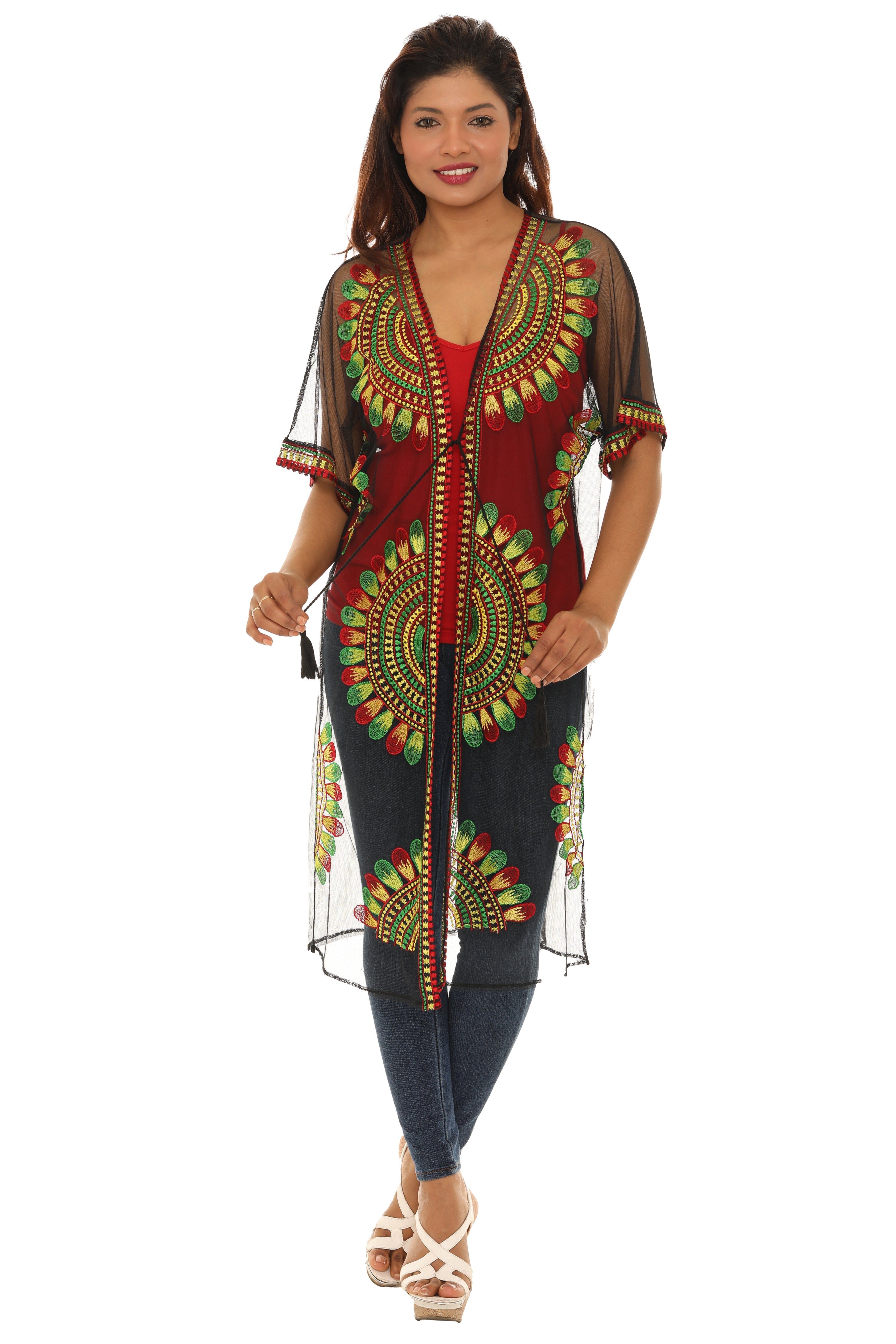 Women’s Sheer Mesh Floral Embroidered Long Beach Duster