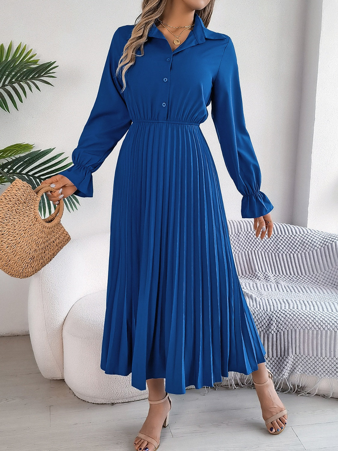 long sleeve pleated midi dress Half Button Army Green / M Blue KarenMillen Kimono Sleeve size:medium size RD-09.23.25 Style #