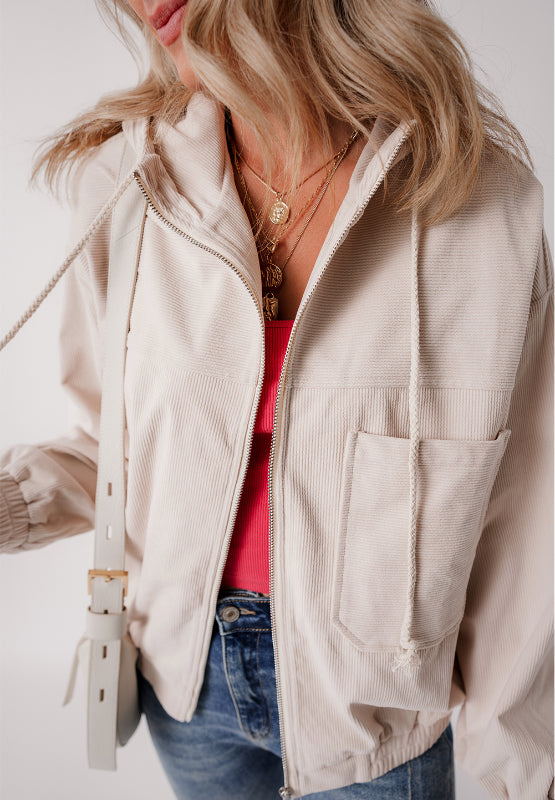 Pocketed Zip Up Long Sleeve Hooded Jacket - Charming Charlie