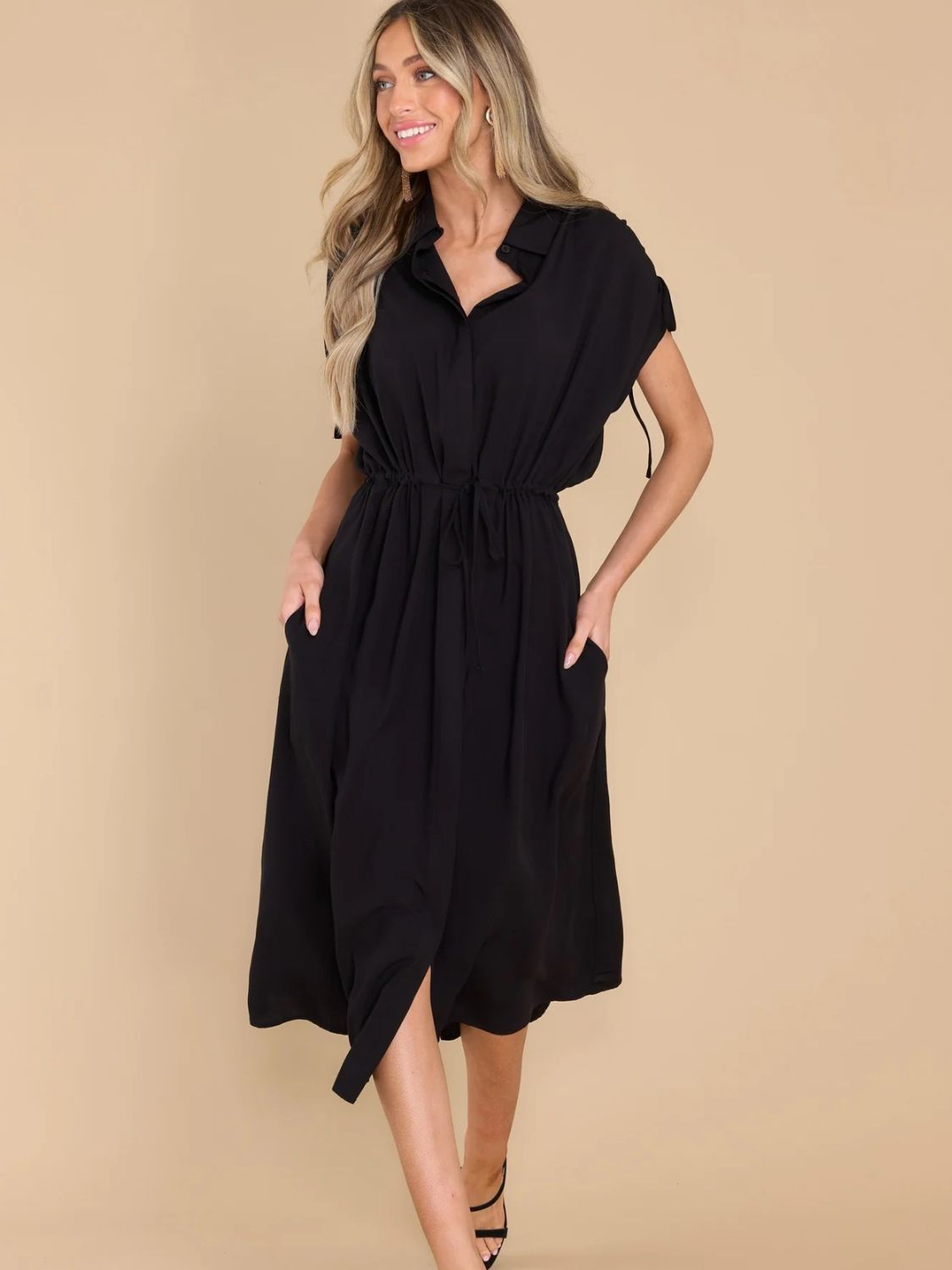 Drawstring Collared Neck Short Sleeve Midi Dress - Charming Charlie