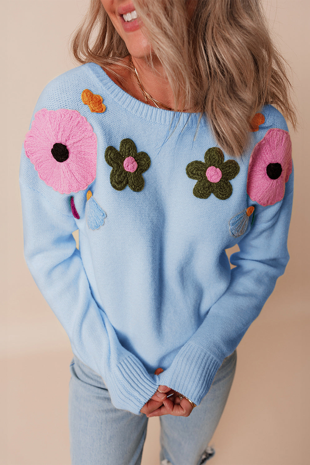 Crochet Flower Round Neck Dropped Shoulder Sweater - Charming Charlie