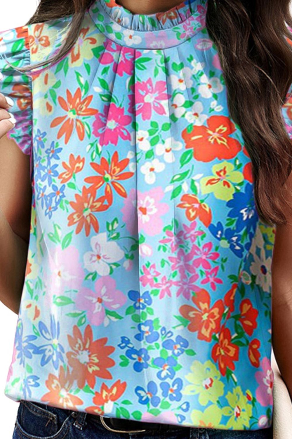 Ruffled Printed Mock Neck Cap Sleeve Blouse - Charming Charlie