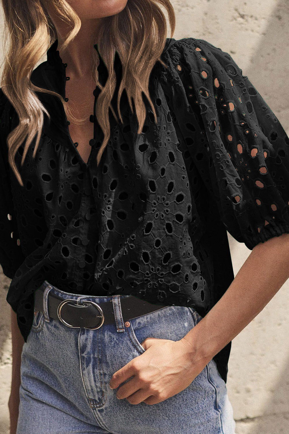 Eyelet Button Up Half Sleeve Blouse - Charming Charlie
