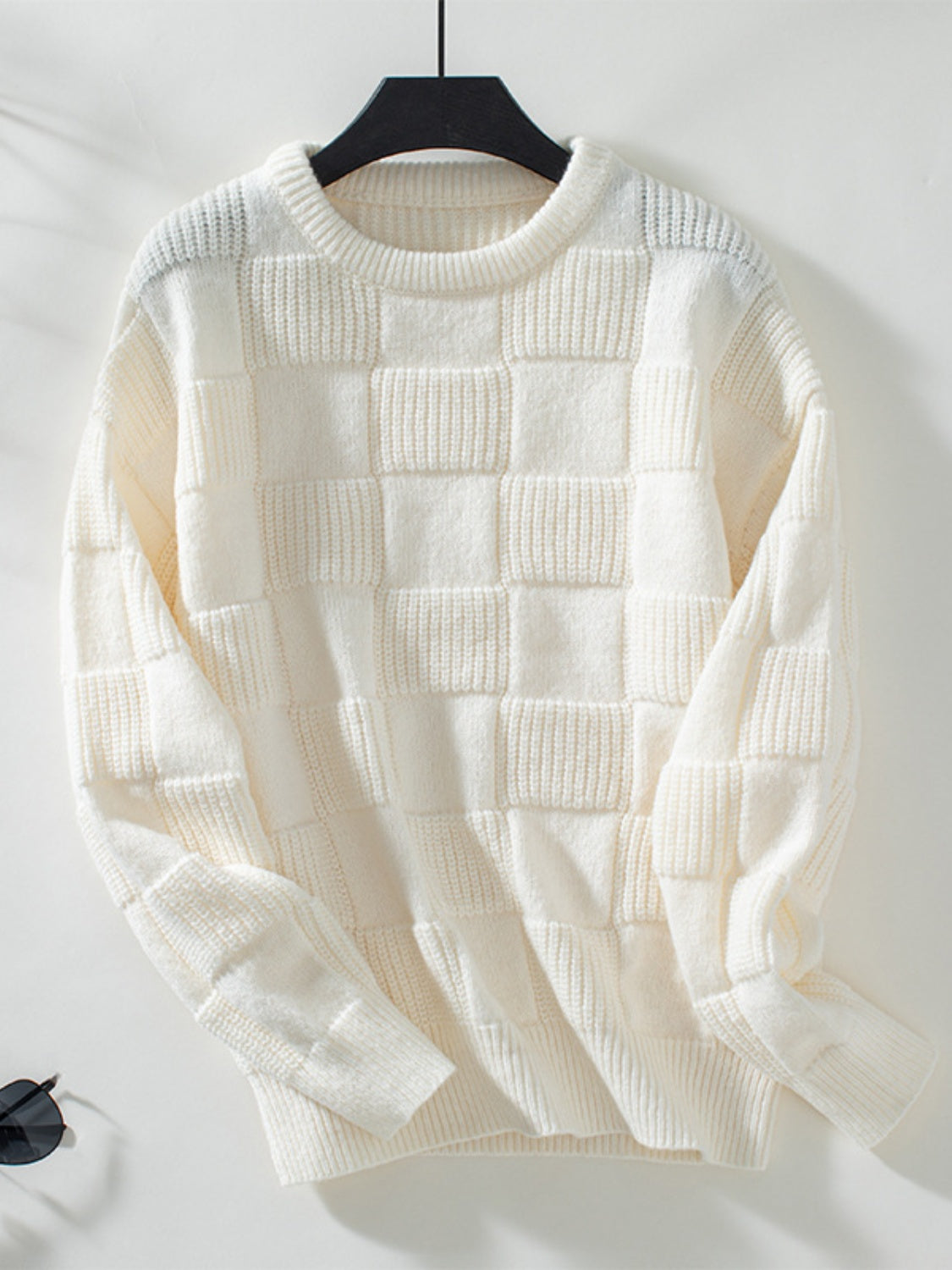 Checkered Round Neck Long Sleeve Sweater - Charming Charlie