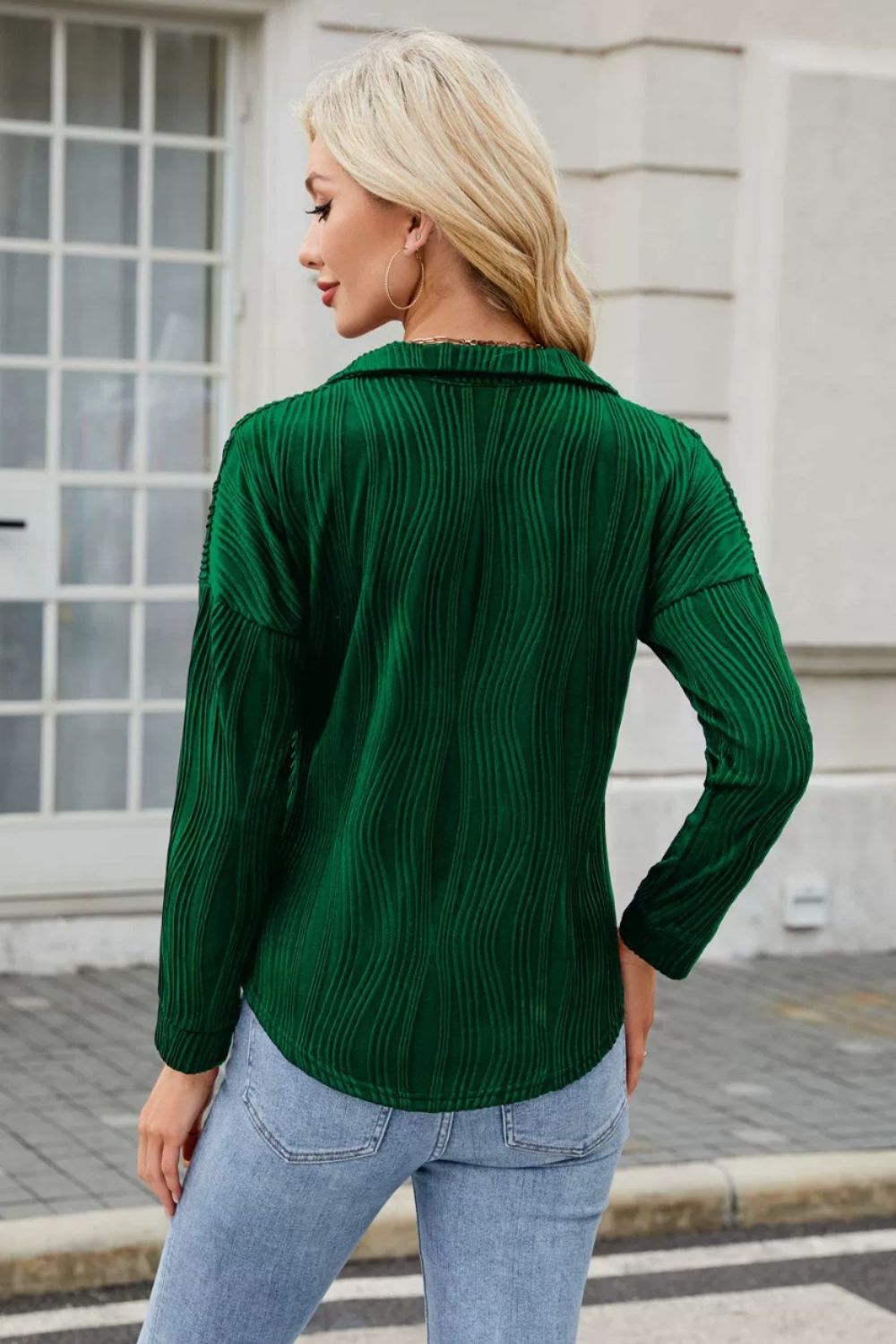 Texture Collared Neck Long Sleeve Blouse - Charming Charlie