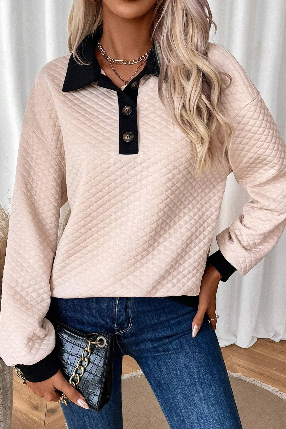 Textured Collared Neck Long Sleeve Top - Charming Charlie