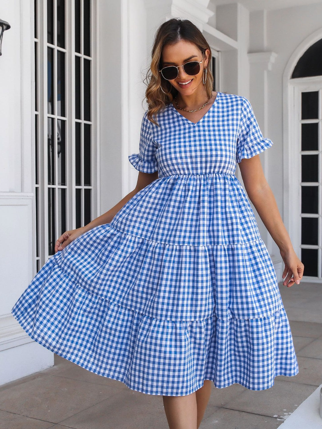 Plaid V-Neck Short Sleeve Midi Dress Blue / L Plaid V-Neck Short Sleeve Midi Dress Blue / L