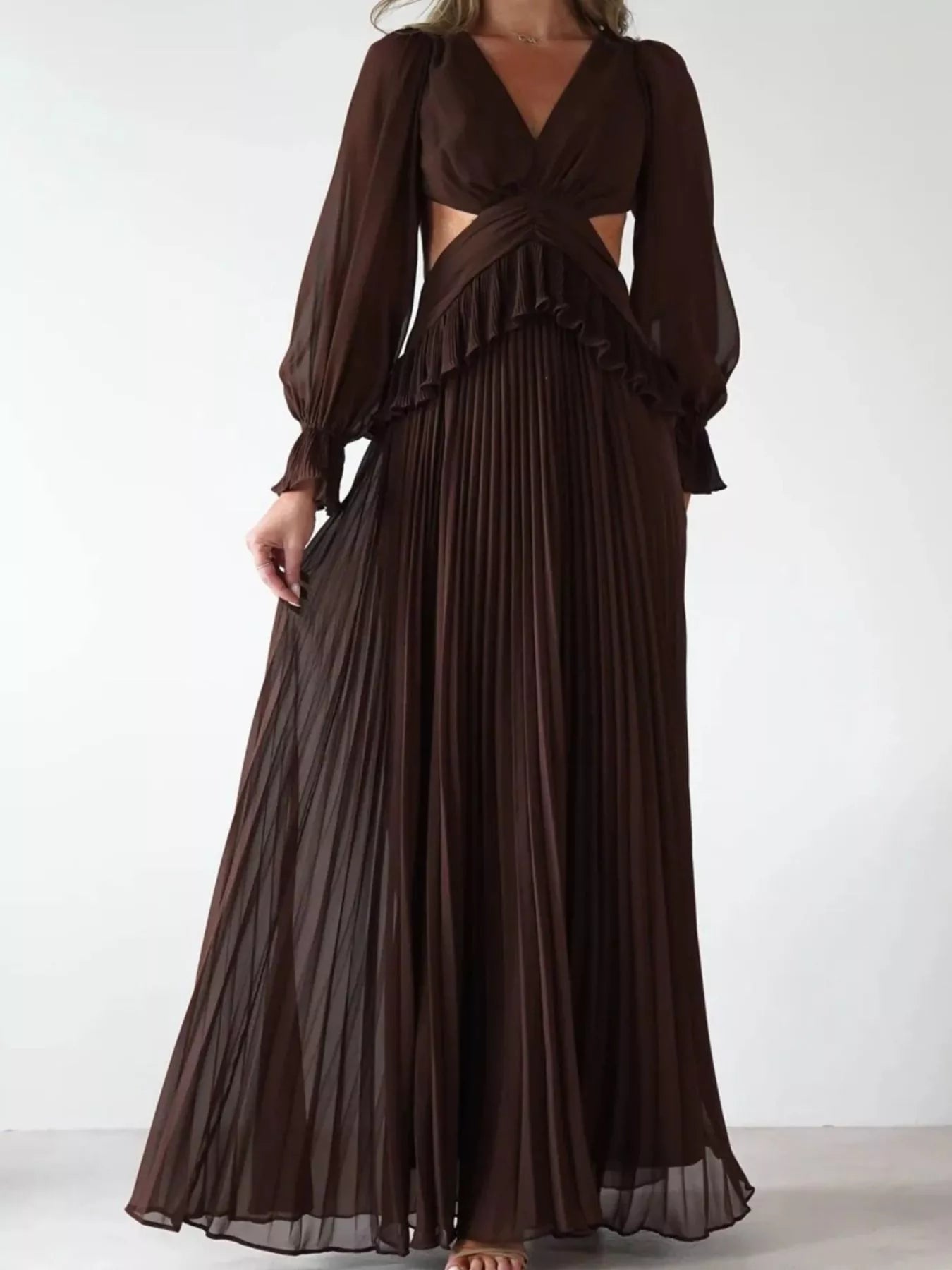 Backless Pleated Long Sleeve Maxi Dress Blue / L
