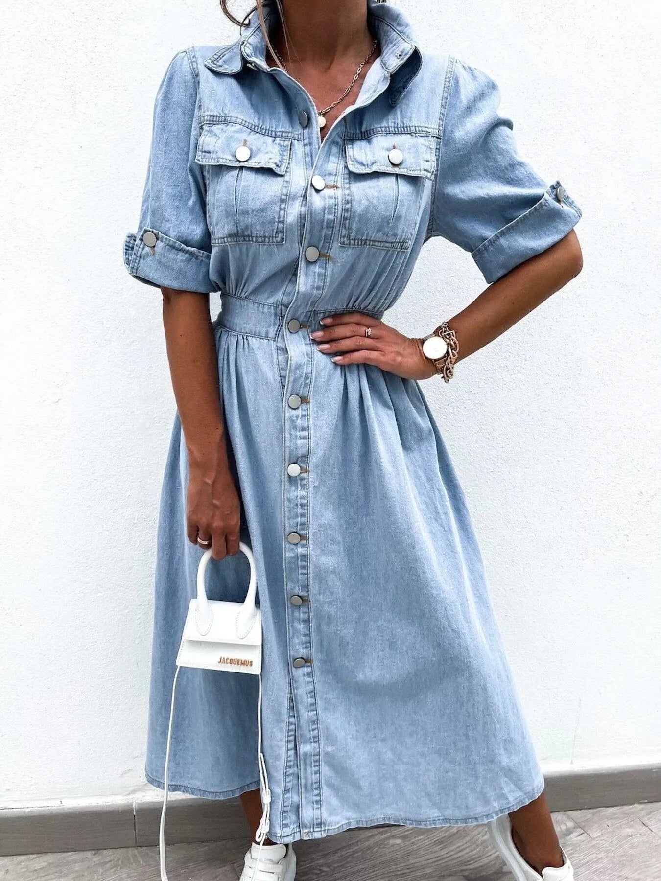 Full Size Button Down Roll-Up Sleeve Denim Shirt Dress Plus Size Light Blue / XXL