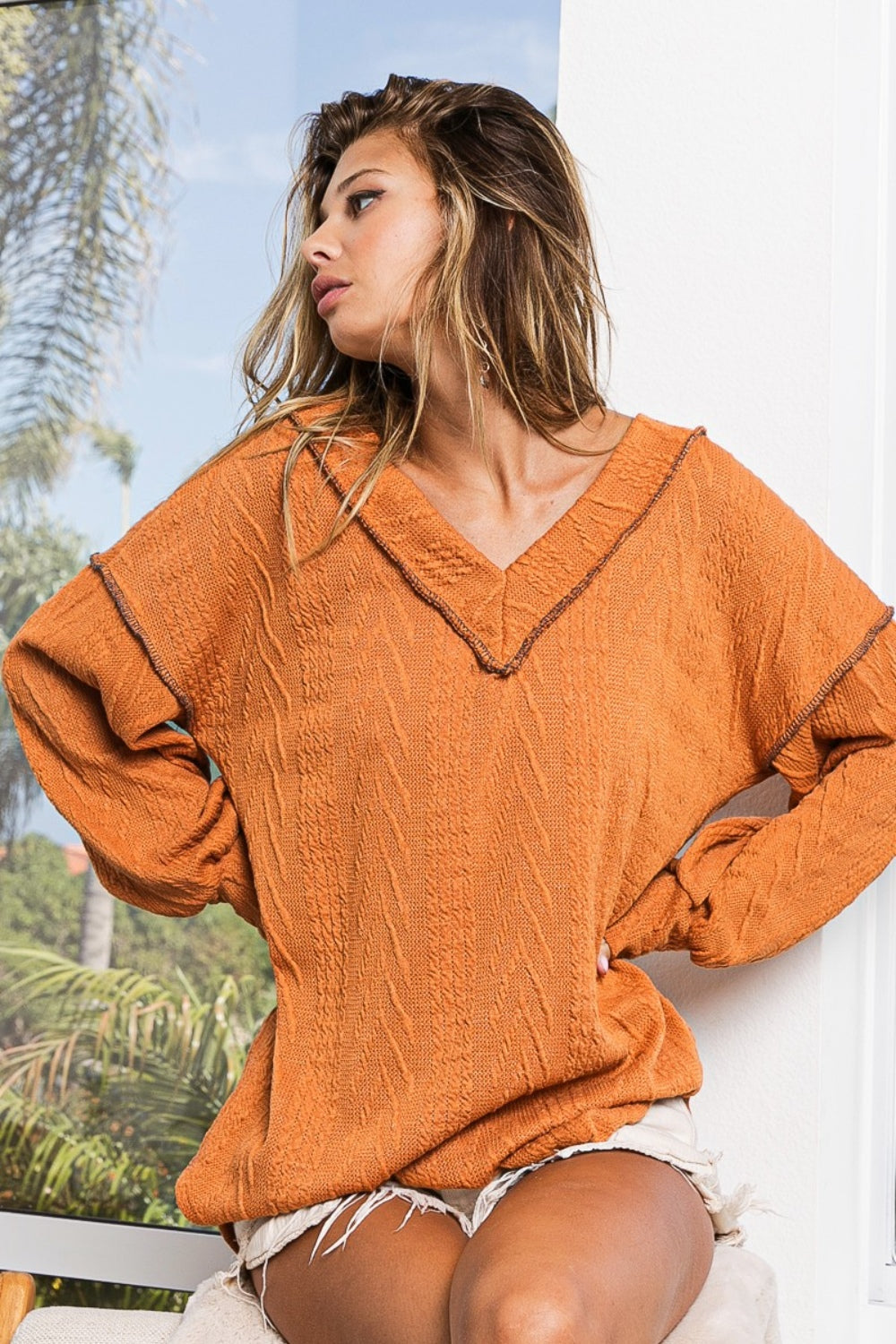 BiBi Textured Exposed Seam Drop Shoulder Knit Top – Charming Charlie