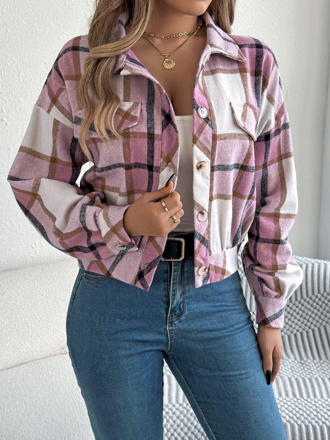 Plaid Button Up Long Sleeve Jacket - Charming Charlie