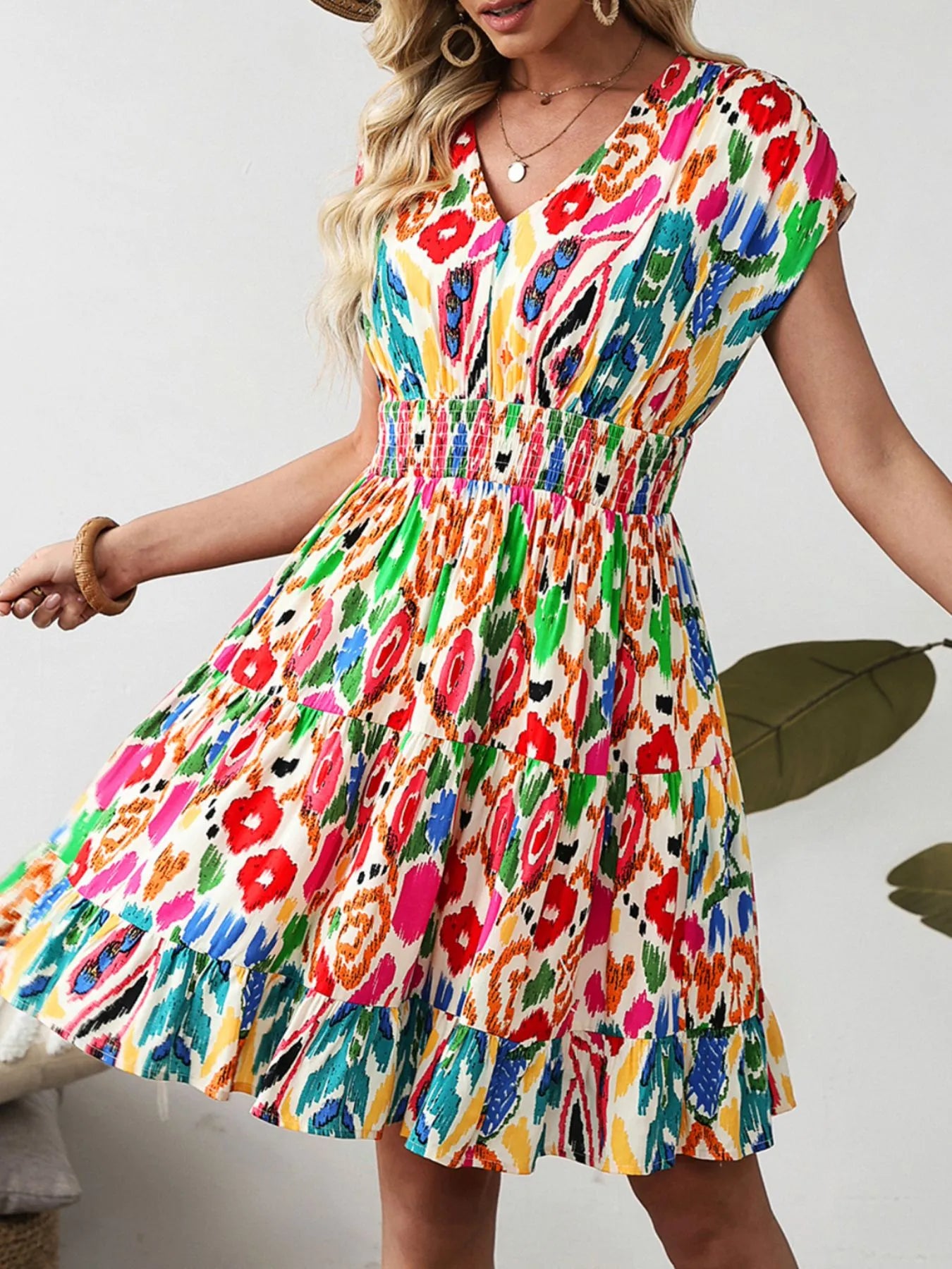 Abstract Print V Neck Dolman Sleeve Ruffle Tiered Mini Dress Floral / S Abstract Print V Neck Dolman Sleeve Ruffle Tiered Mini Dress Floral / S