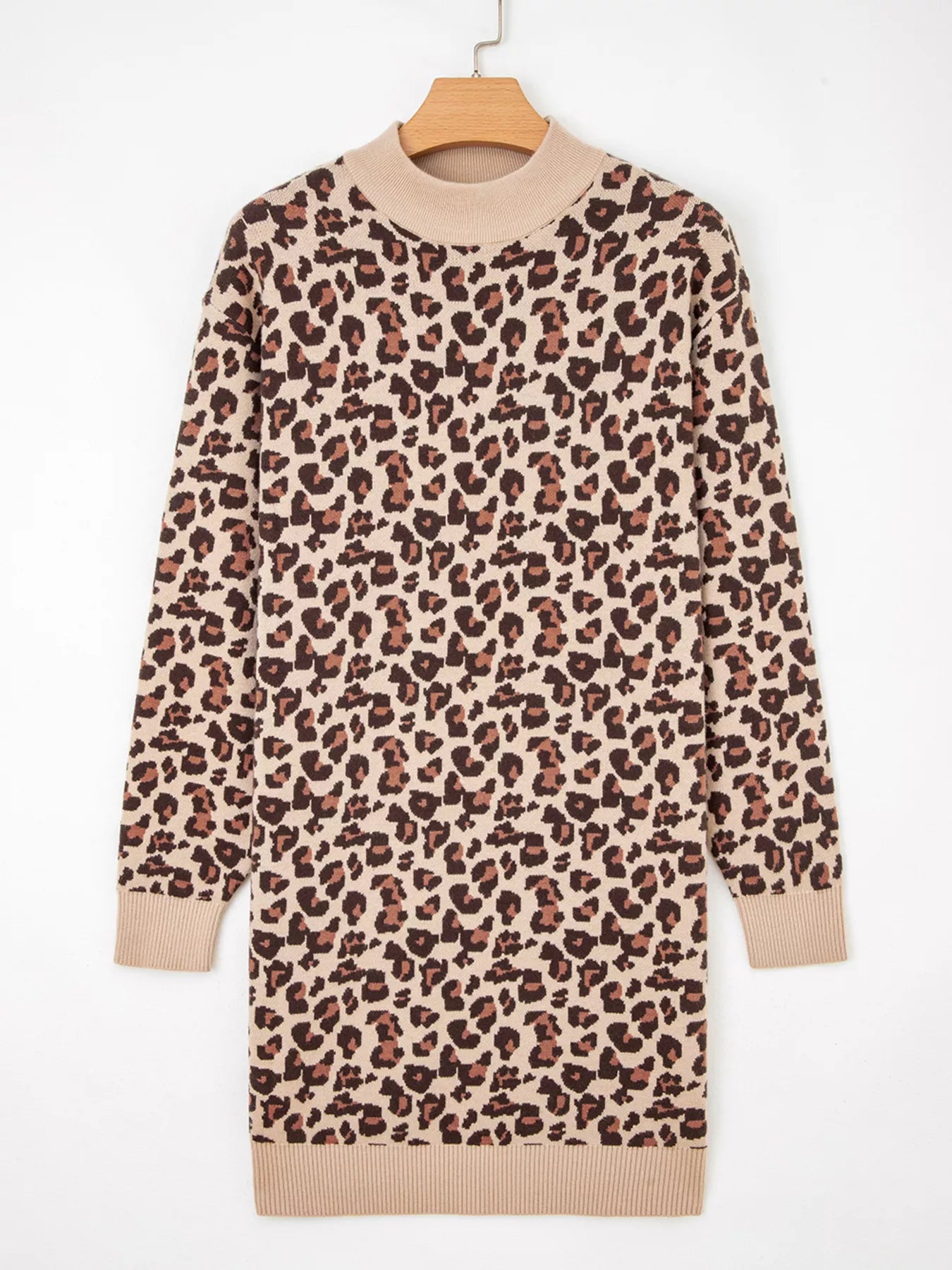 Leopard Print High Neck Shift Mini Sweater Dress Leopard / S Leopard Print High Neck Shift Mini Sweater Dress Leopard / S