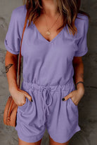 Full Size Drawstring V-Neck Short Sleeve Romper - Charming Charlie