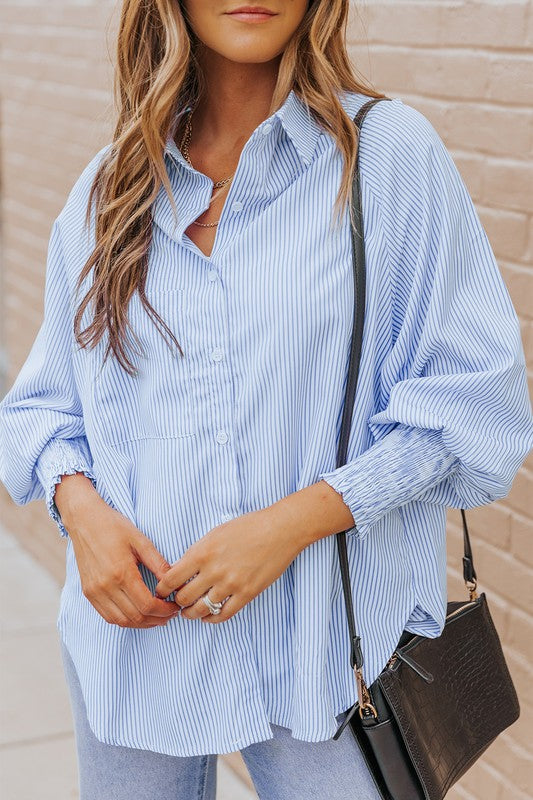 Light Blue Striped Casual Shirred Cuffs Shirt - Charming Charlie