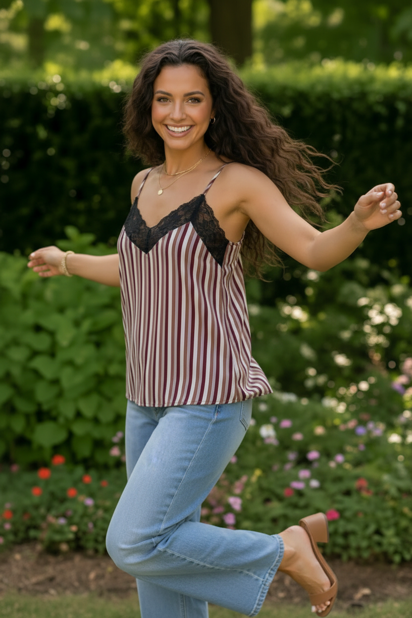 Lace Trim Striped Satin Cami - Charming Charlie