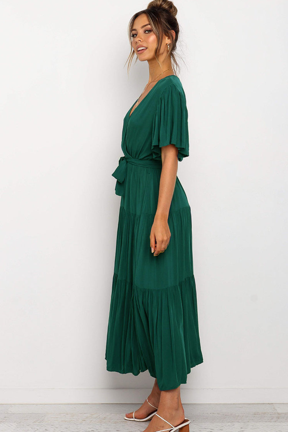 knee length dresses for ladies Front Tie Short Sleeve Tiered Midi Dress Dark Green / M