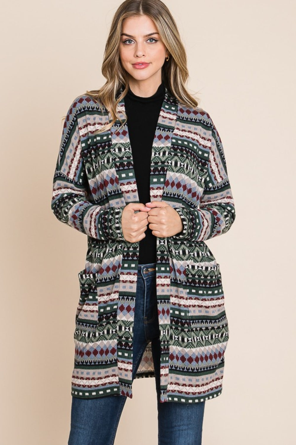 BOMBOM Geometric Open Front Long Sleeve Cardigan with Pockets - Charming Charlie