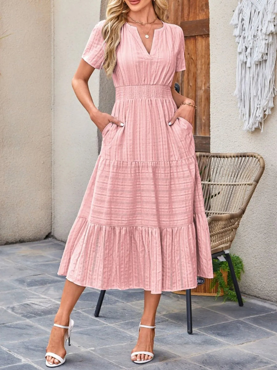 Tiered Notched Short Sleeve Dress with Pockets