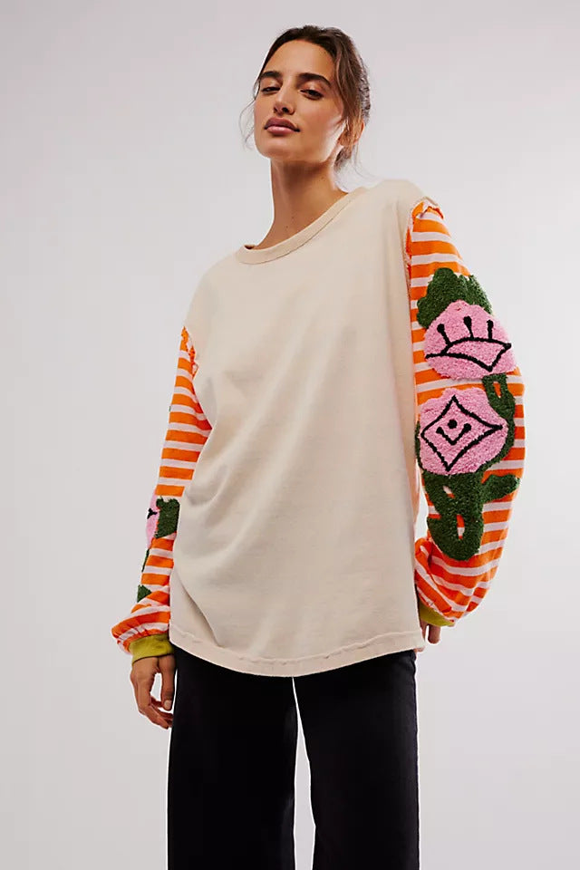 Striped Round Neck Long Sleeve Sweatshirt - Charming Charlie