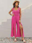 V-Neck Wide Strap Slit Jumpsuit - Charming Charlie
