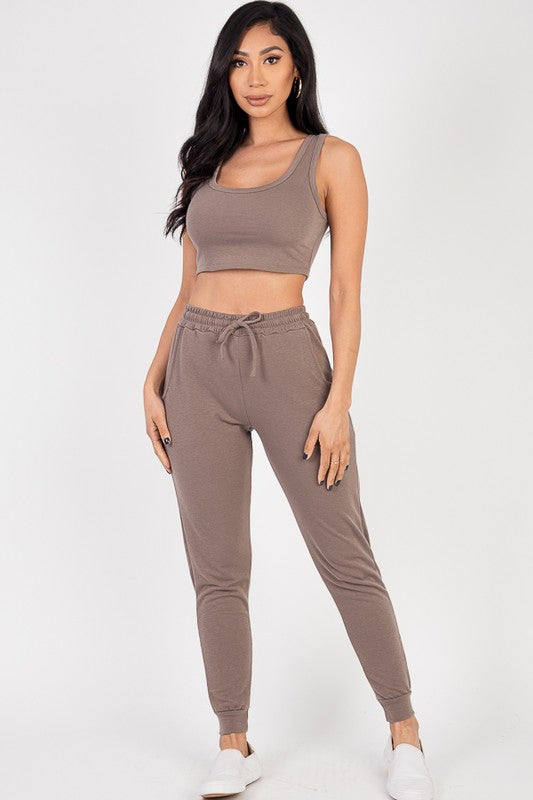 French Terry Cropped Tank Top & Joggers Set - Charming Charlie