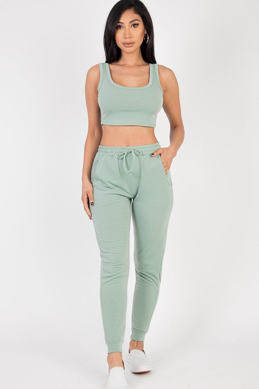 French Terry Cropped Tank Top & Joggers Set - Charming Charlie