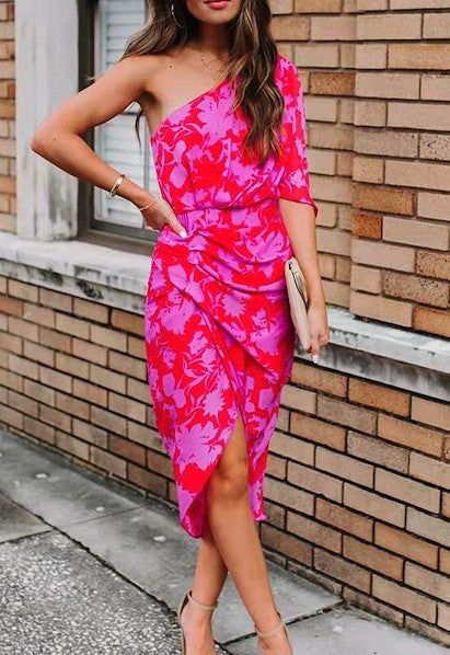 floral one shoulder dress Red/Pink Floral One Shoulder Print Wrap Dress L