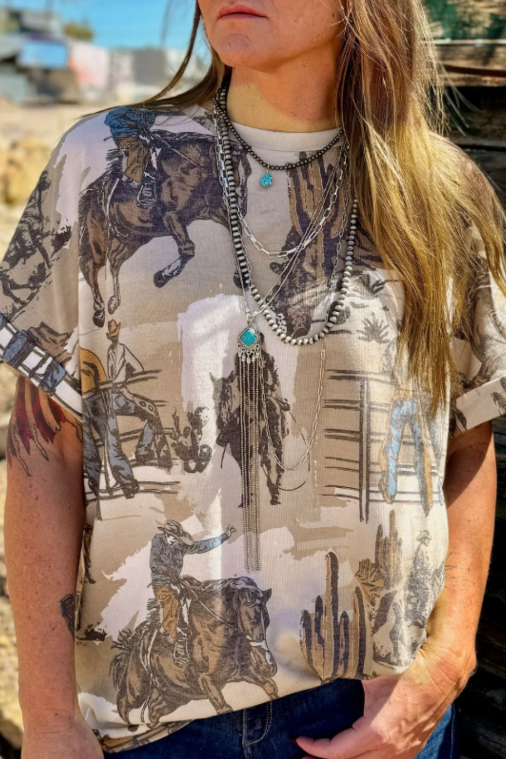 Cowboy Print Round Neck Short Sleeve T Shirt - Charming Charlie