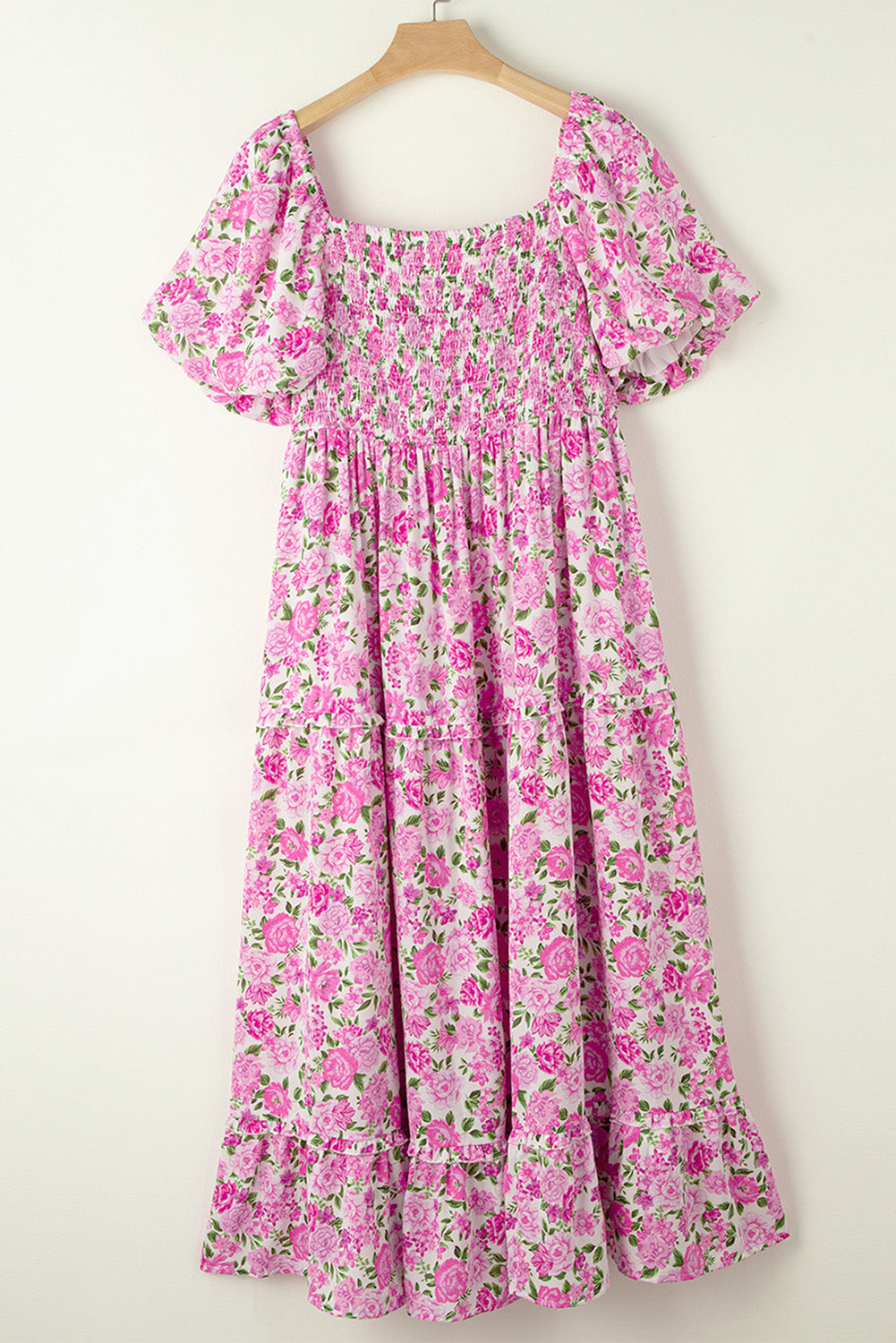 Plus Size Smocked Printed Square Neck Short Sleeve Dress Floral / 1XL