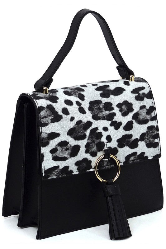Animal Print Ring Tassel Flap Crossbody Satchel