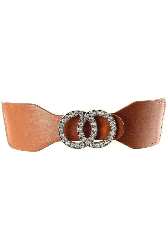 Double O Rhinestone PU Elastic Belt