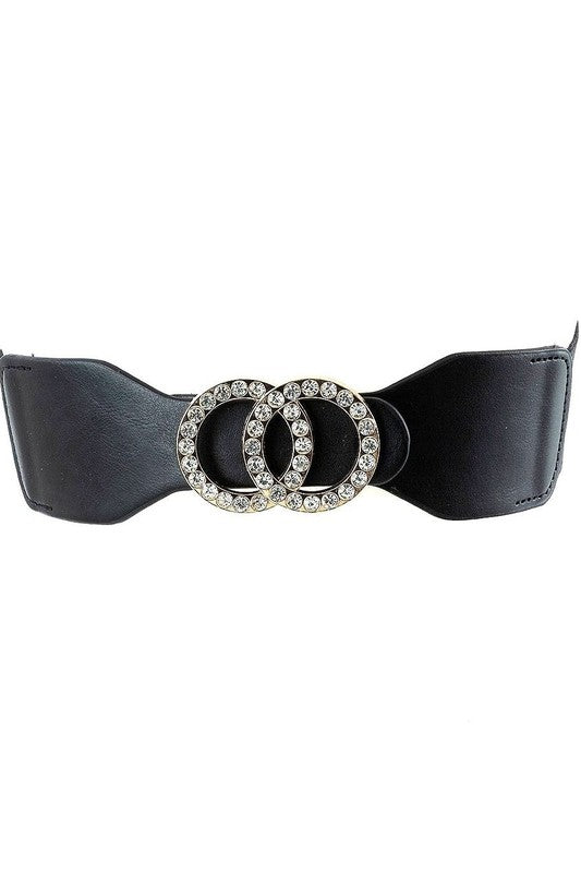 Double O Rhinestone PU Elastic Belt