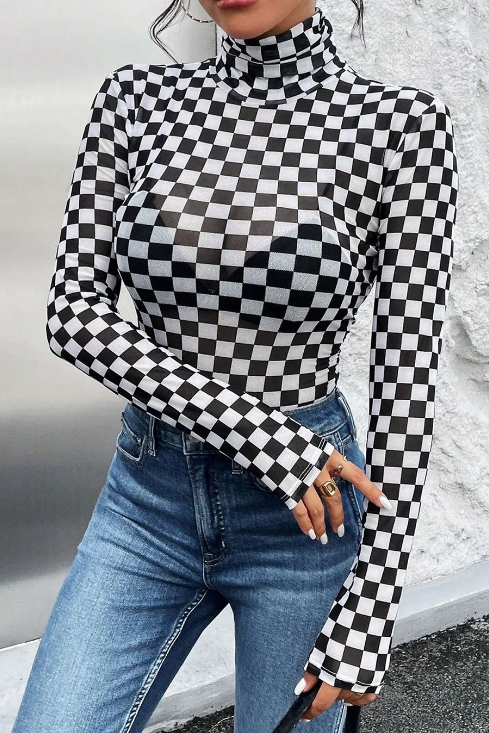 Checkered Turtleneck Long Sleeve Bodysuit - Charming Charlie