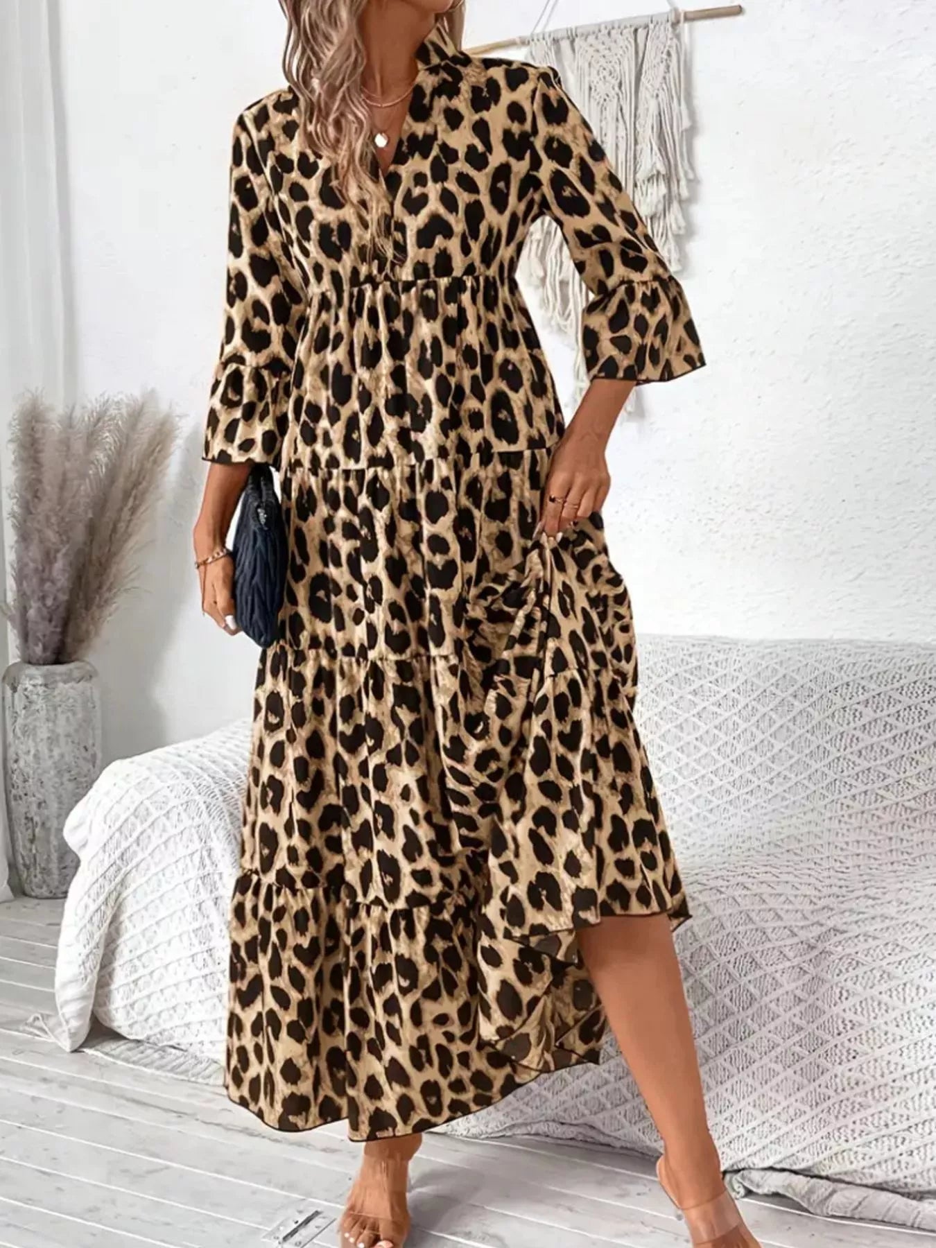 Leopard 3/4 Sleeve Midi Dress Tan / 2XL