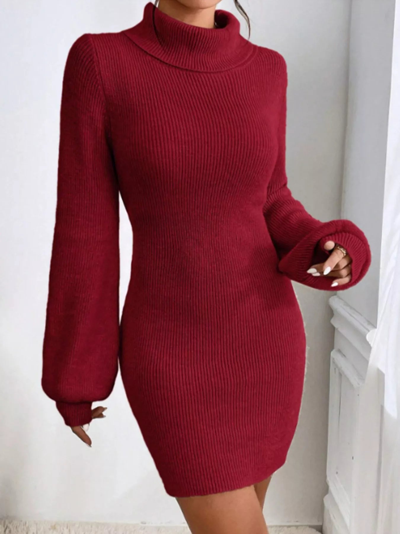 Cream Beige Turtleneck Ribbed Knit Short Sweater Dress Wine Red / S By Trendsi