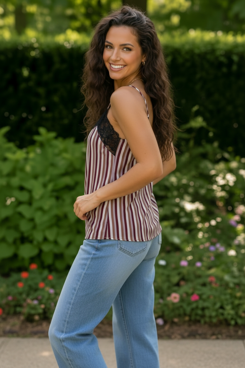 Lace Trim Striped Satin Cami - Charming Charlie