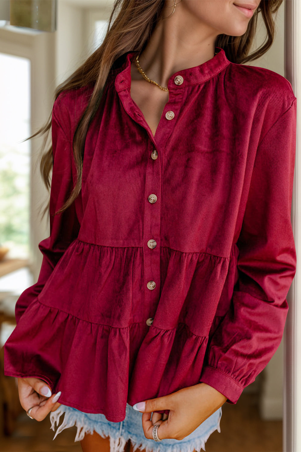 Peplum Round Neck Long Sleeve Shirt - Charming Charlie