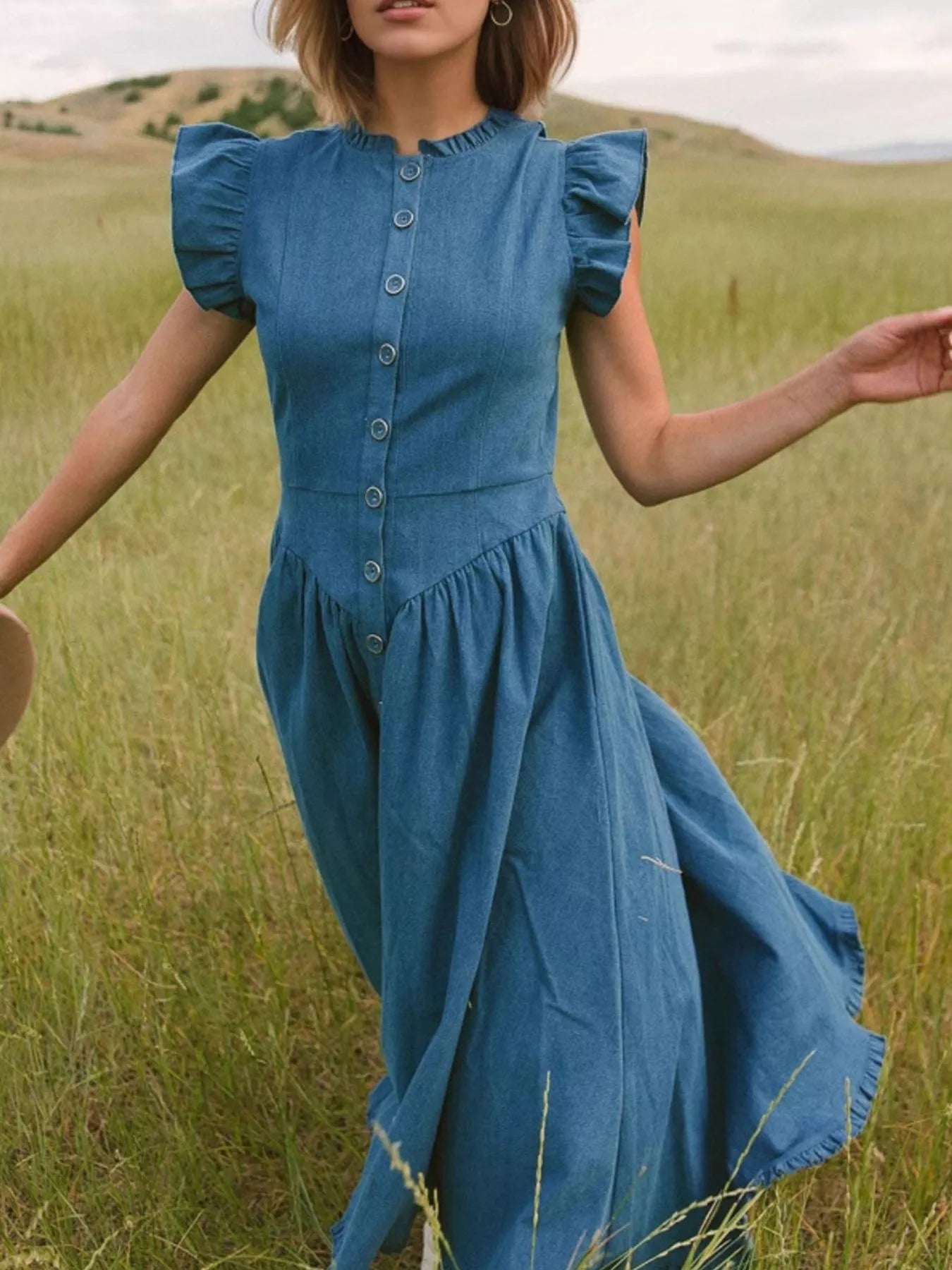 denim prairie dress Ruffled Cap Sleeve Denim Dress – Charming Charlie