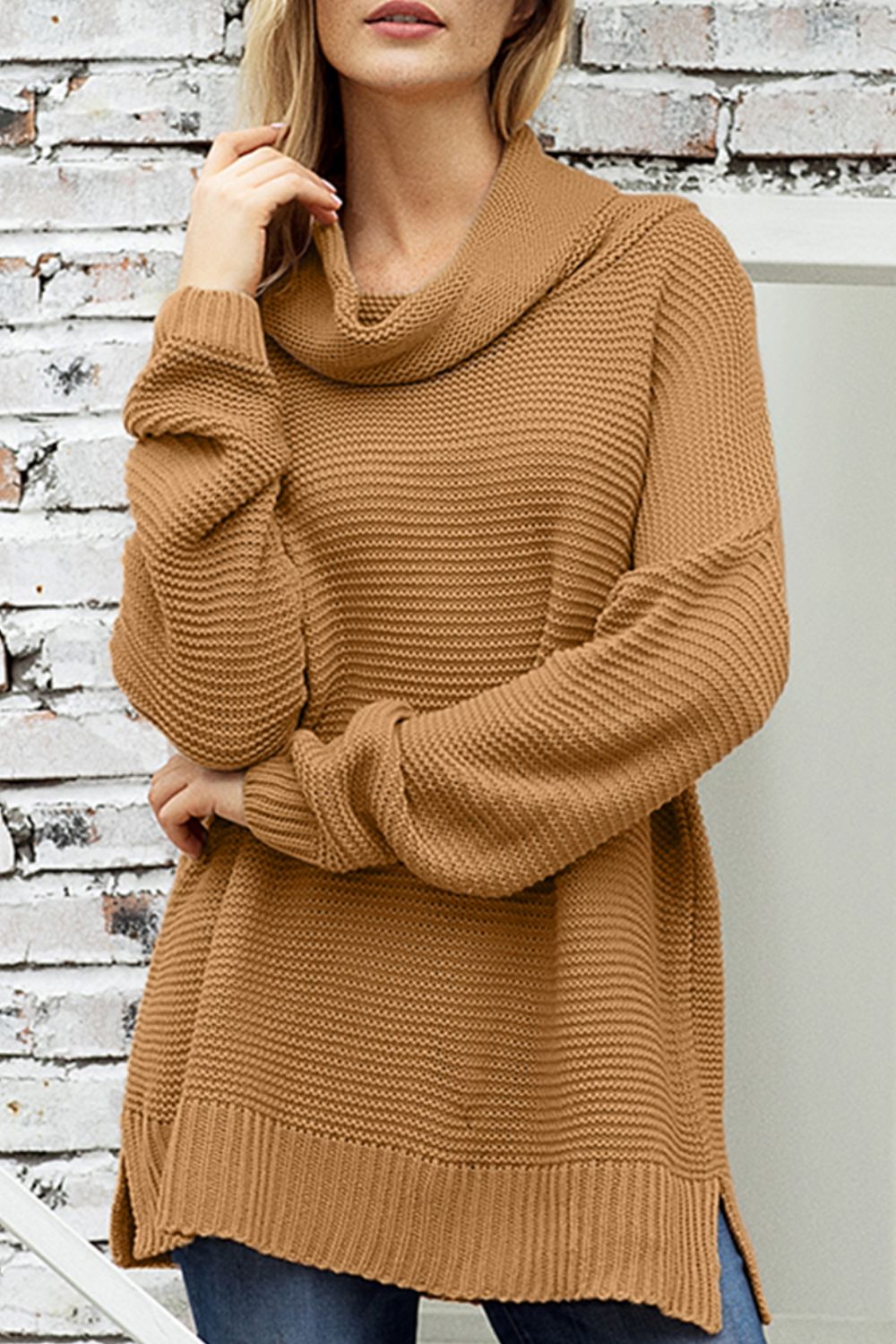 Side Slit Turtleneck Long Sleeve Sweater - Charming Charlie