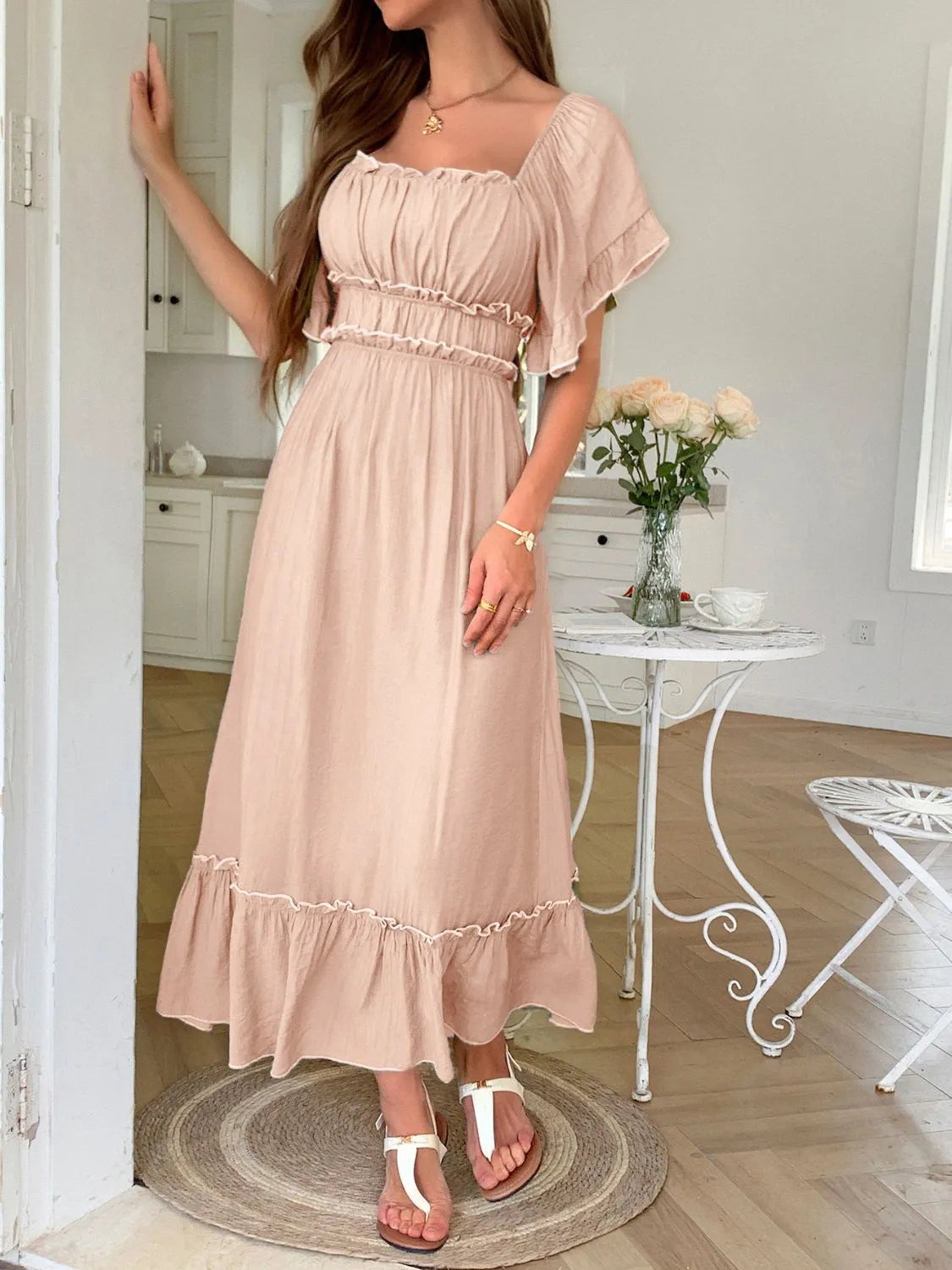 ruffle trim maxi dress Square Neck Puff Sleeve Ruffle Trim Maxi Dress Blue / XL