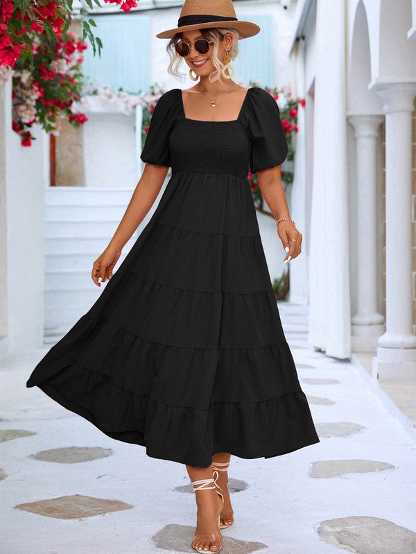 Women Short Sleeve A Line Smock Maxi Dress Pink / M