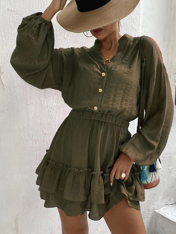 Long sleeve button front ruffle dress Olive / XL