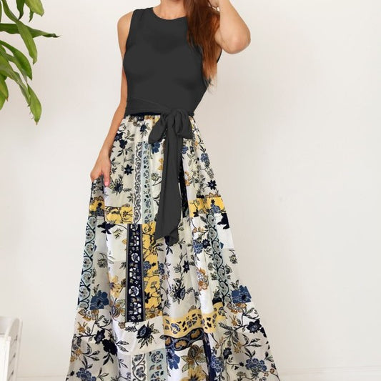 Sleeveless Contrast Patchwork Maxi Sash Dress | 3 Colors Sleeveless Contrast Patchwork Maxi Sash Dress | 3 Colors
