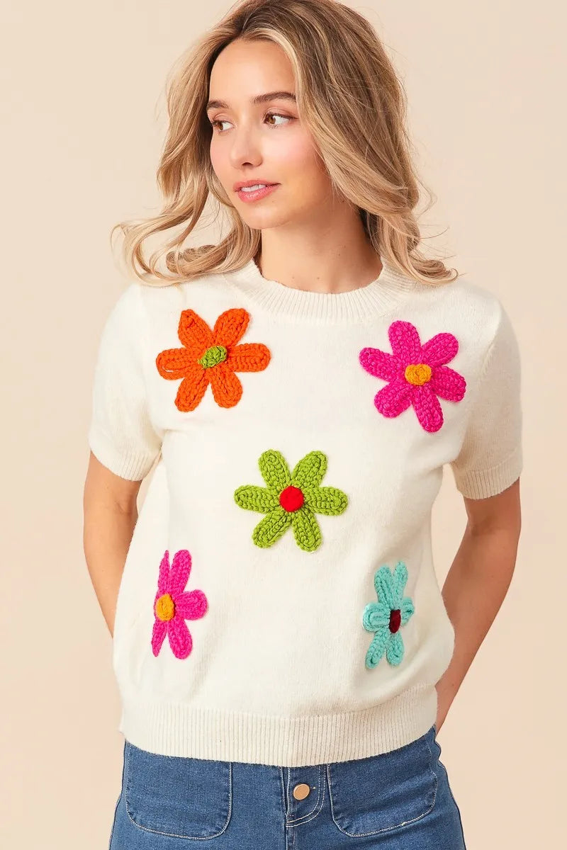 BiBi Crochet Flower Patch Sweater Top – Charming Charlie