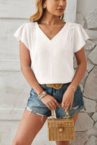 Ruched V-Neck Flounce Sleeve Blouse - Charming Charlie