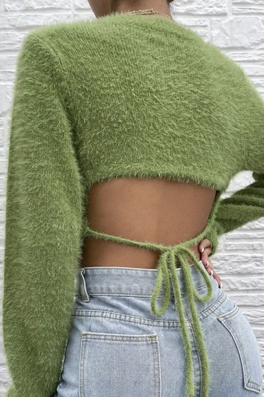 Fuzzy open back cropped sweater - Charming Charlie