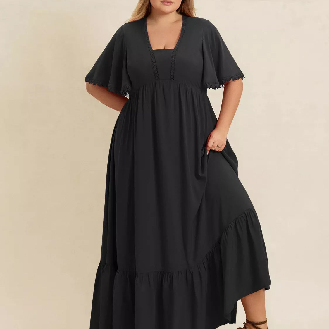 Plus Size Boho Ruffled Maxi Dress with Flutter Sleeves Black / 3XL Plus Size Boho Ruffled Maxi Dress with Flutter Sleeves Black / 3XL