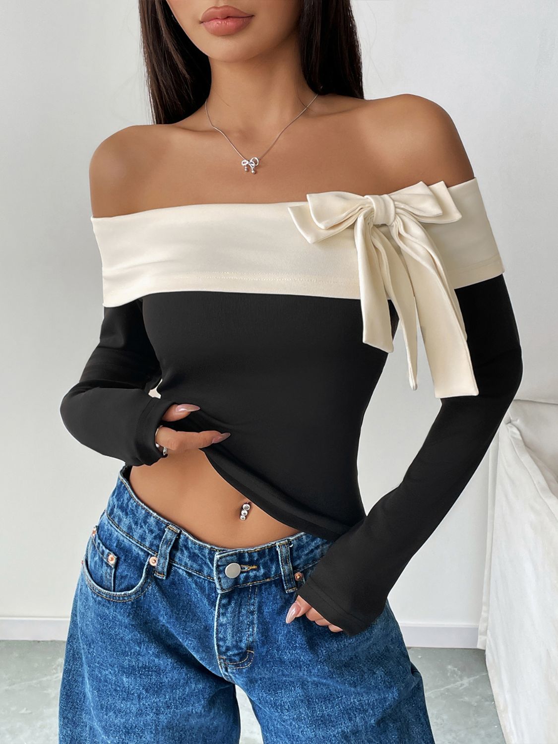 Perfee Bow Contrast Off-Shoulder Long Sleeve Top - Charming Charlie