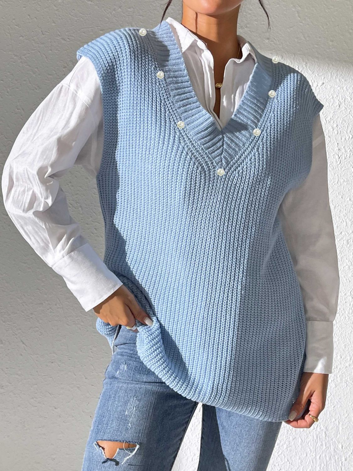Pearl Trim V-Neck Sweater Vest - Charming Charlie